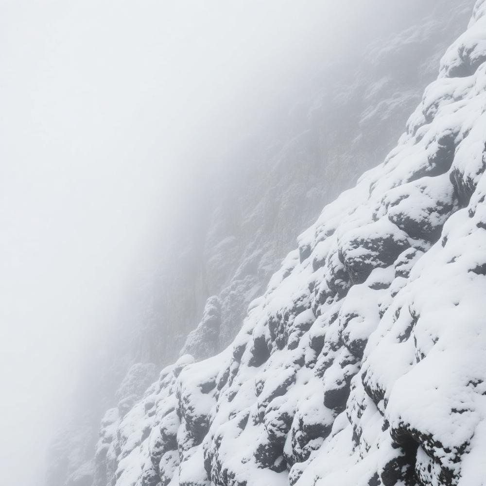 Snow covered rock face in fog